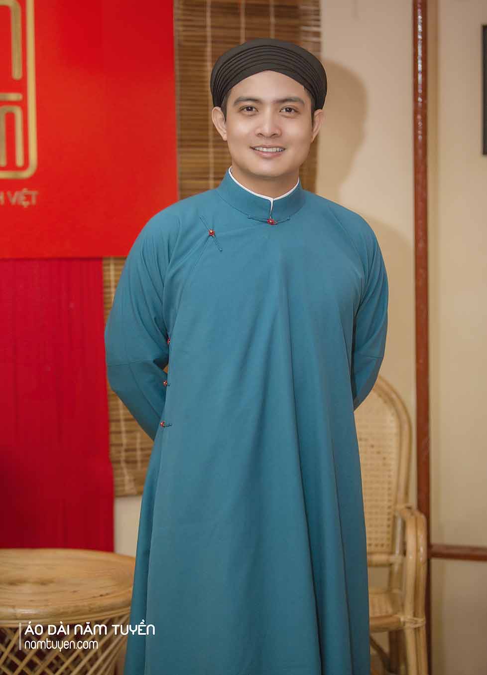 Áo Dài Ngũ Thân Nam truyền thống Màu Xanh Lý Nhã Nhặn