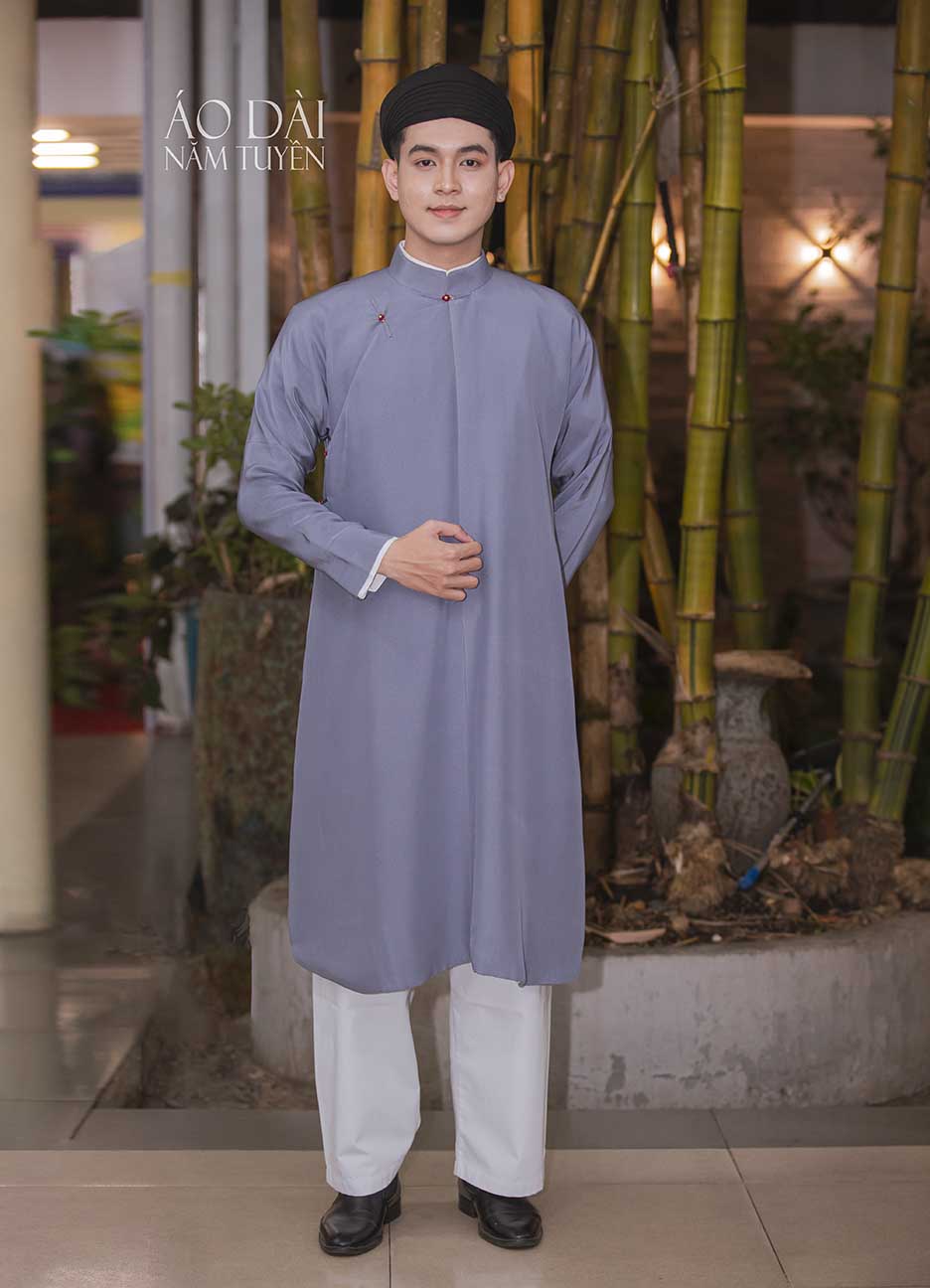 Áo dài nam ngũ thân truyền thống lụa tơ tằm màu xám trắng lịch lãm