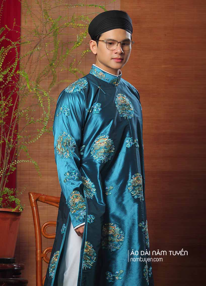Áo dài ngũ thân nam truyền thống thêu ổ rồng tông màu xanh bích
