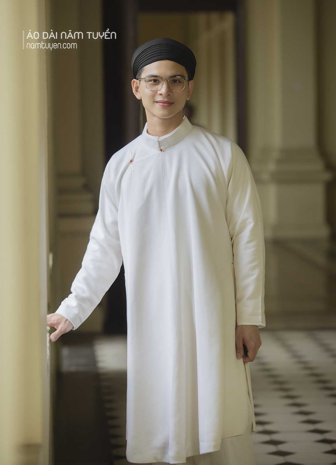Áo Dài Ngũ Thân Nam truyền thống Màu Kem Trắng Trang Nhã