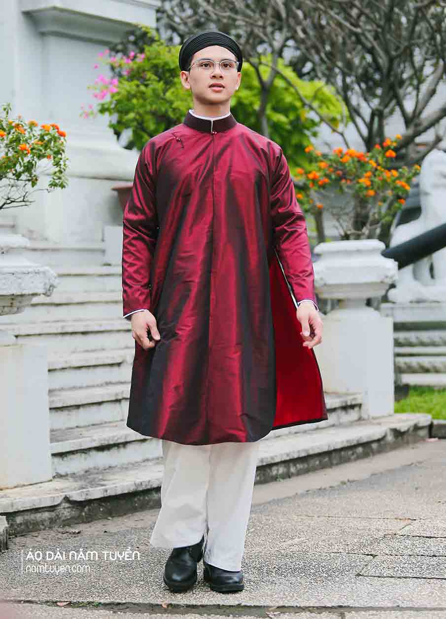 Áo dài nam ngũ thân tay chẽn Silk look màu đỏ đô truyền thống 