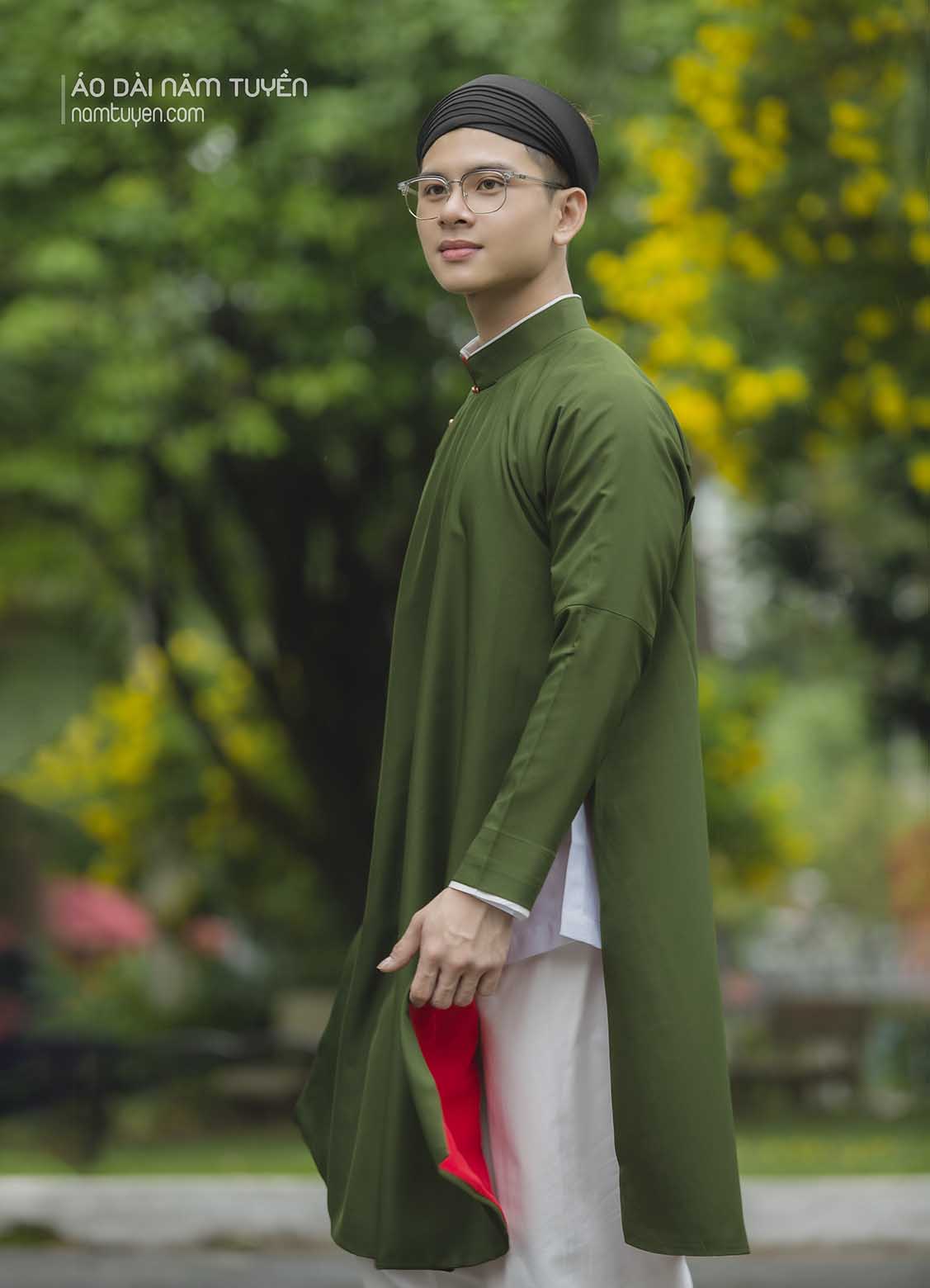 Áo Dài Ngũ Thân Nam truyền thống Màu Xanh Rêu