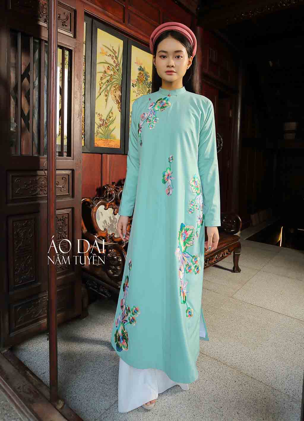 Áo dài nữ ngũ thân truyền thống xanh mint trang trí hoa 3d