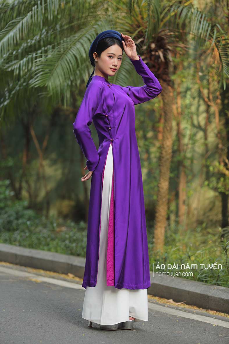 Áo dài nữ ngũ thân lụa tơ tằm tím Huế truyền thống