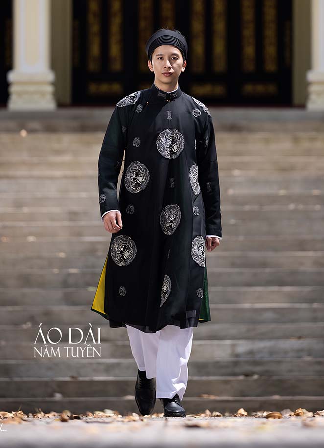 Áo dài ngũ thân nam truyền thống họa tiết rồng mây thêu (áo the thêu + áo đơn sắc)