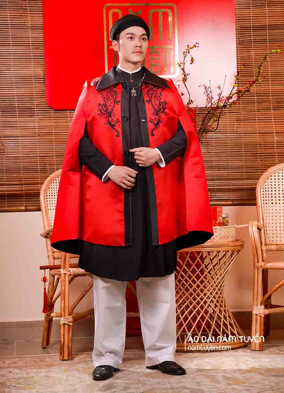 Áo khoác nam khoác ngoài áo ngũ thân đỏ phối đen lịch lãm