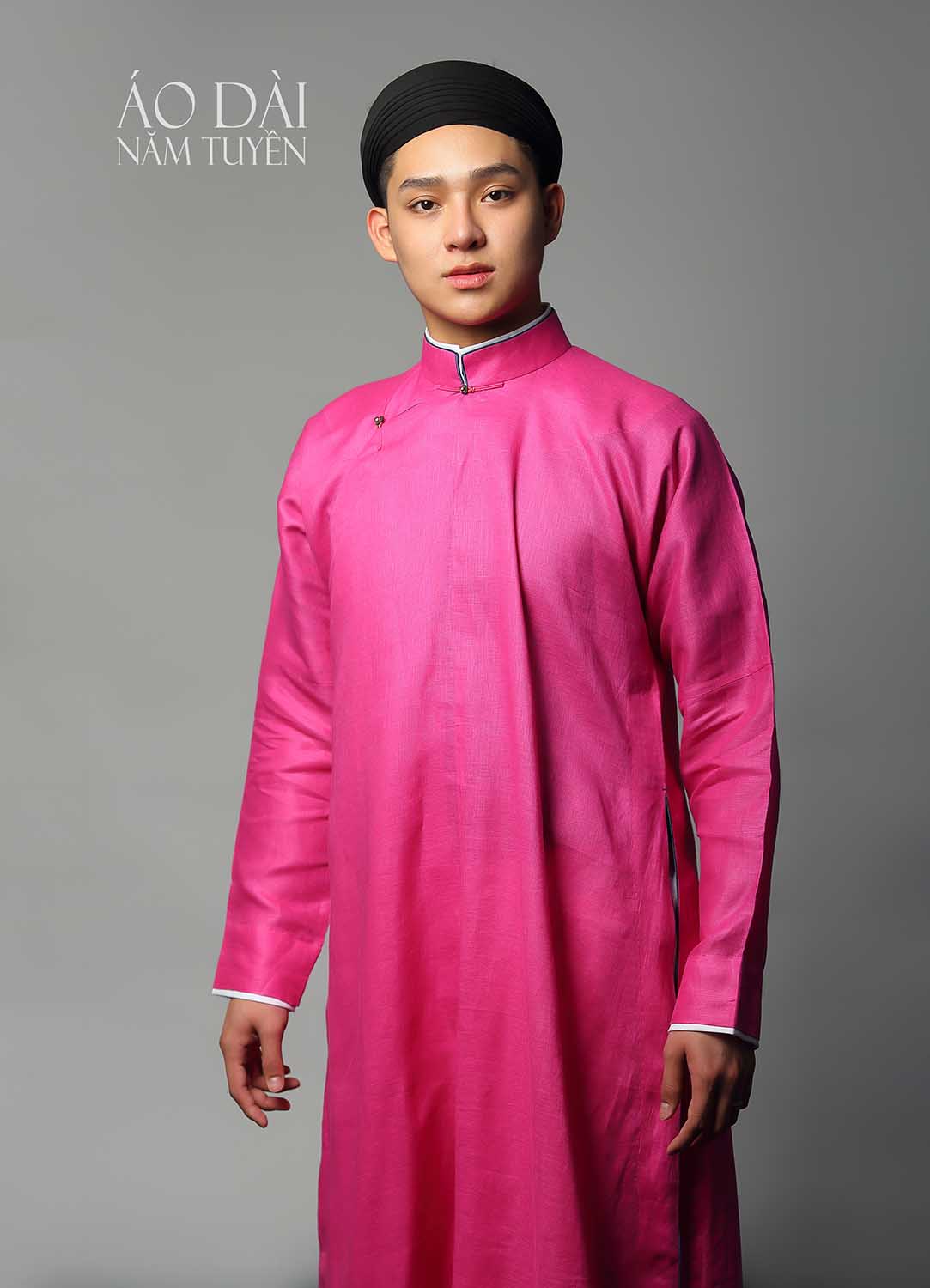 Áo dài nam truyền thống ngũ thân tay chẽn vải gai hồng sen