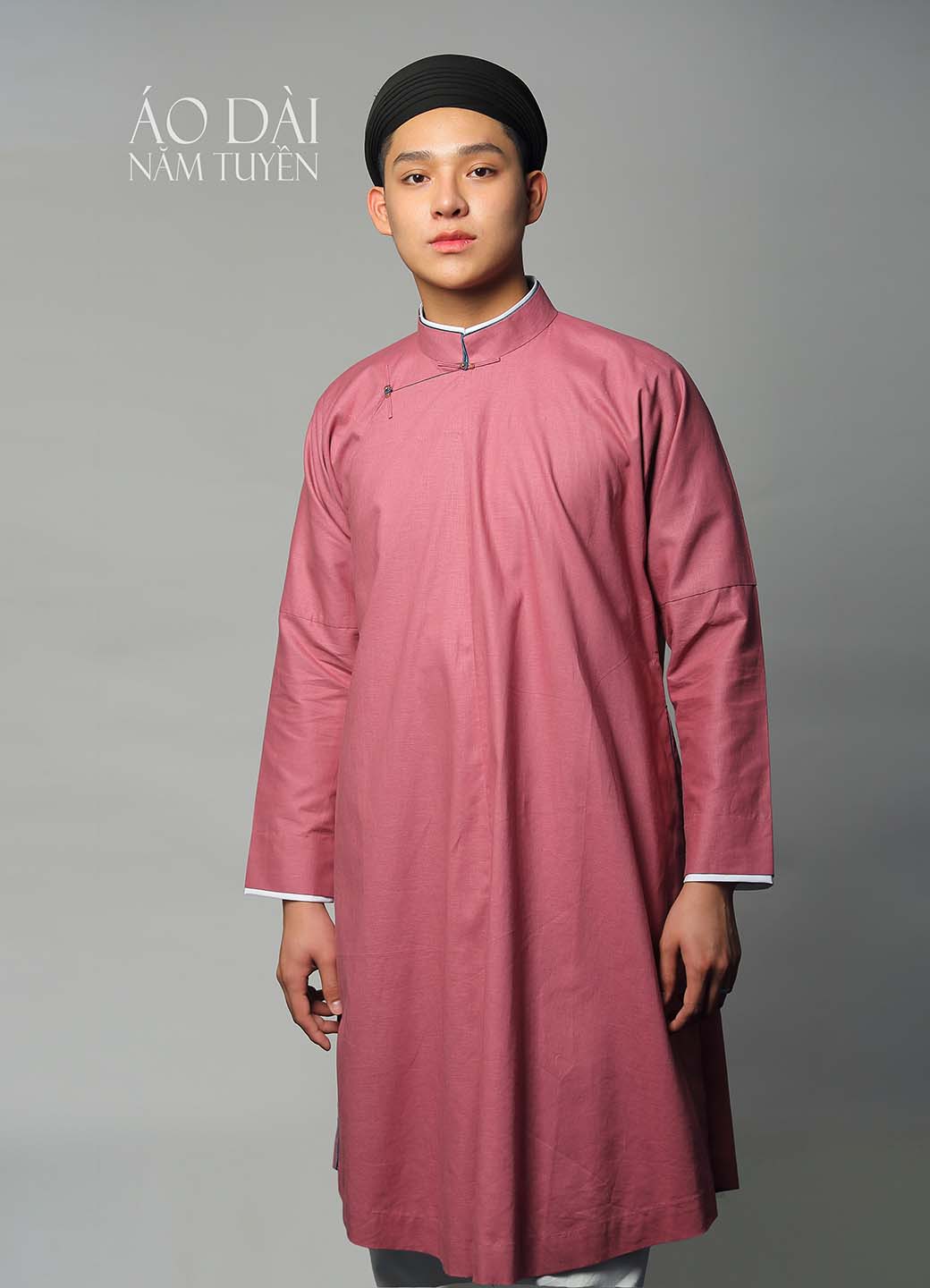 Áo dài nam truyền thống ngũ thân tay chẽn vải lanh hồng ruốc