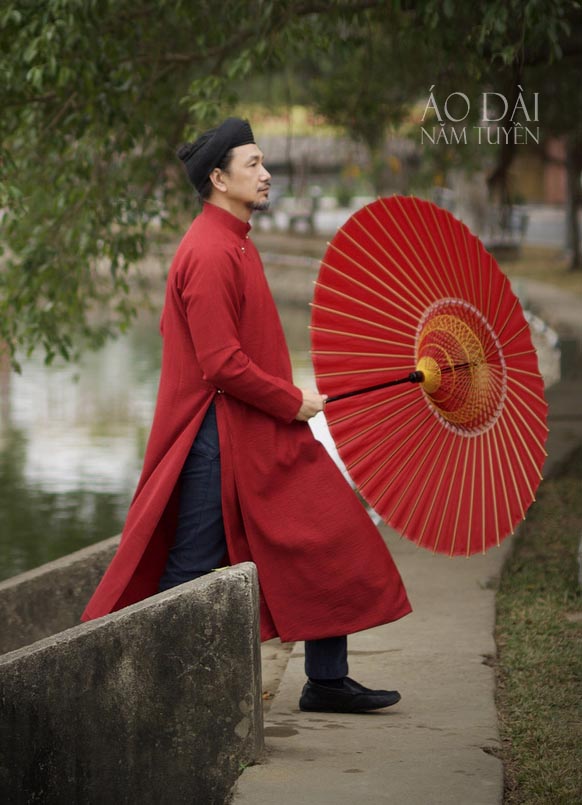 Áo dài nam truyền thống ngũ thân tay chẽn đũi đỏ tươi