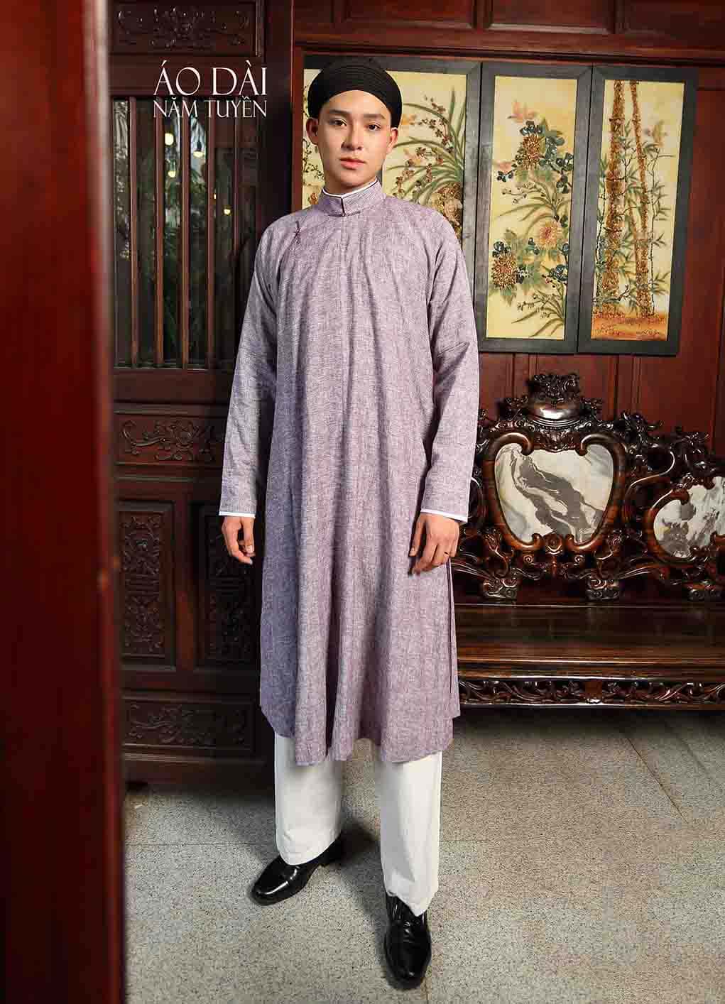 Áo dài nam truyền thống ngũ thân tay chẽn vải lanh tím môn
