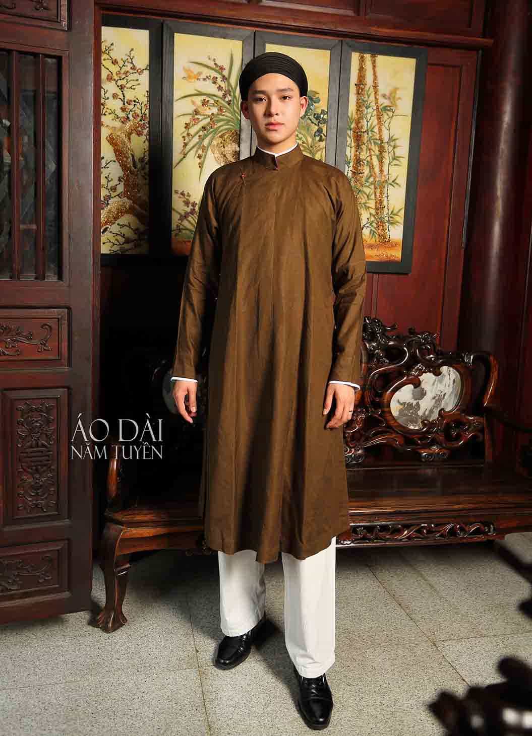 Áo dài nam, áo dài ngũ thân truyền thống màu nâu đậm chất cổ điển