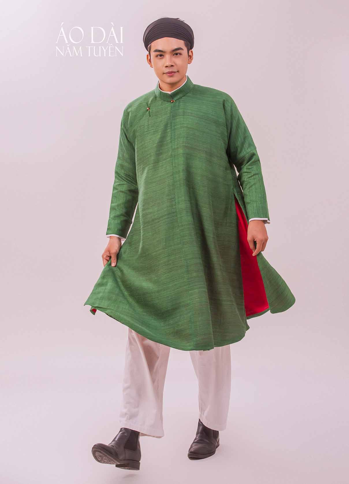 Áo dài truyền thống ngũ thân nam đũi xanh rêu