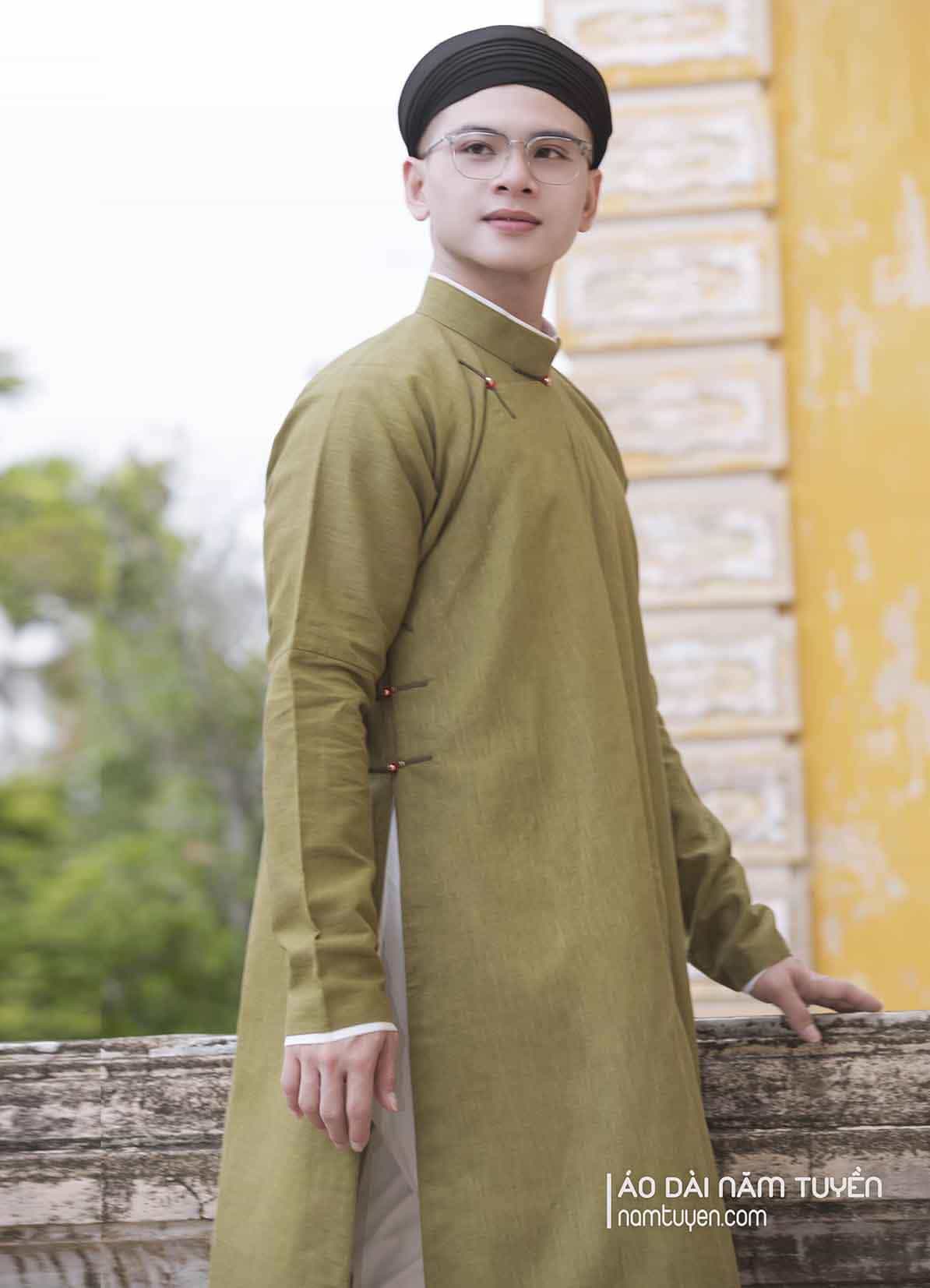 Áo dài nam truyền thống vải gai cải kiểu ngũ thân tay chẽn