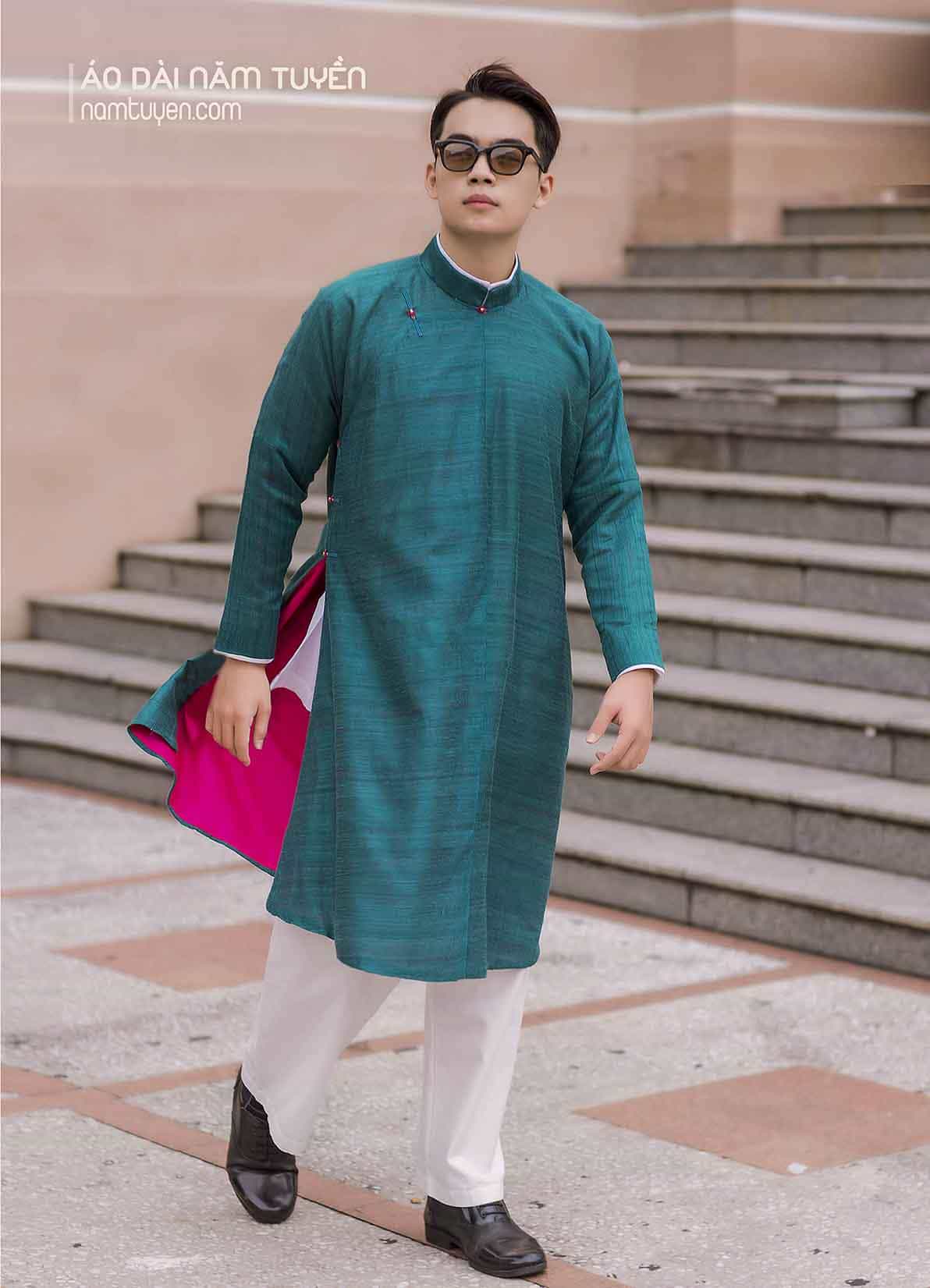 Áo dài truyền thống ngũ thân nam đũi tơ tằm lót hồng