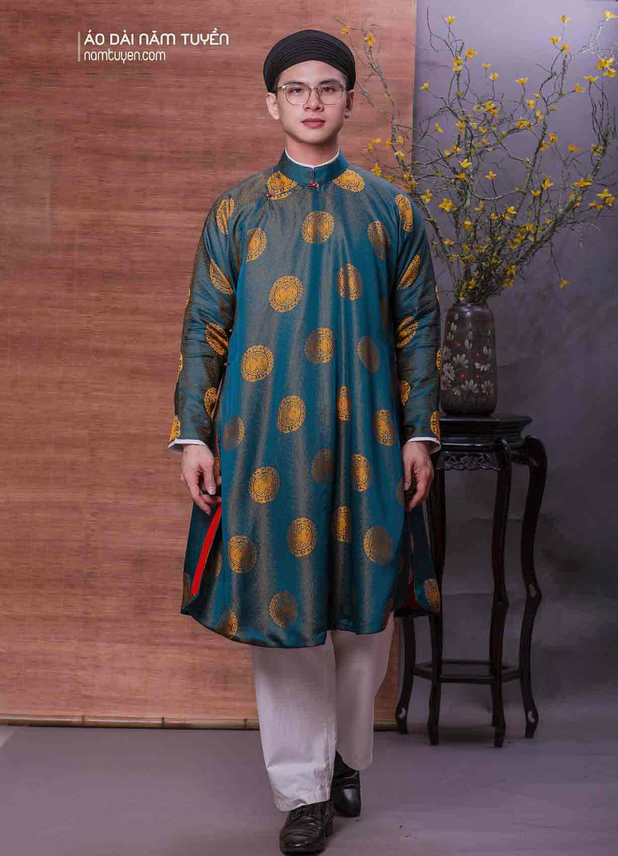 Áo Dài Ngũ Thân Nam truyền thống hoa văn Chữ Thọ 