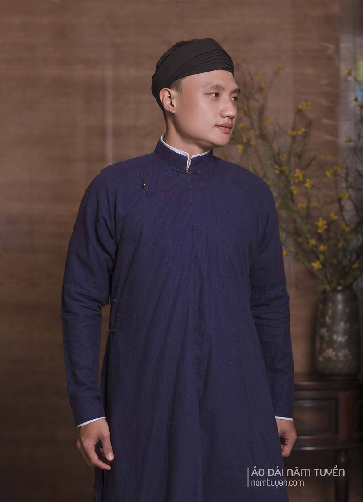 Áo dài nam truyền thống linen xanh navy Việt phục lịch lãm