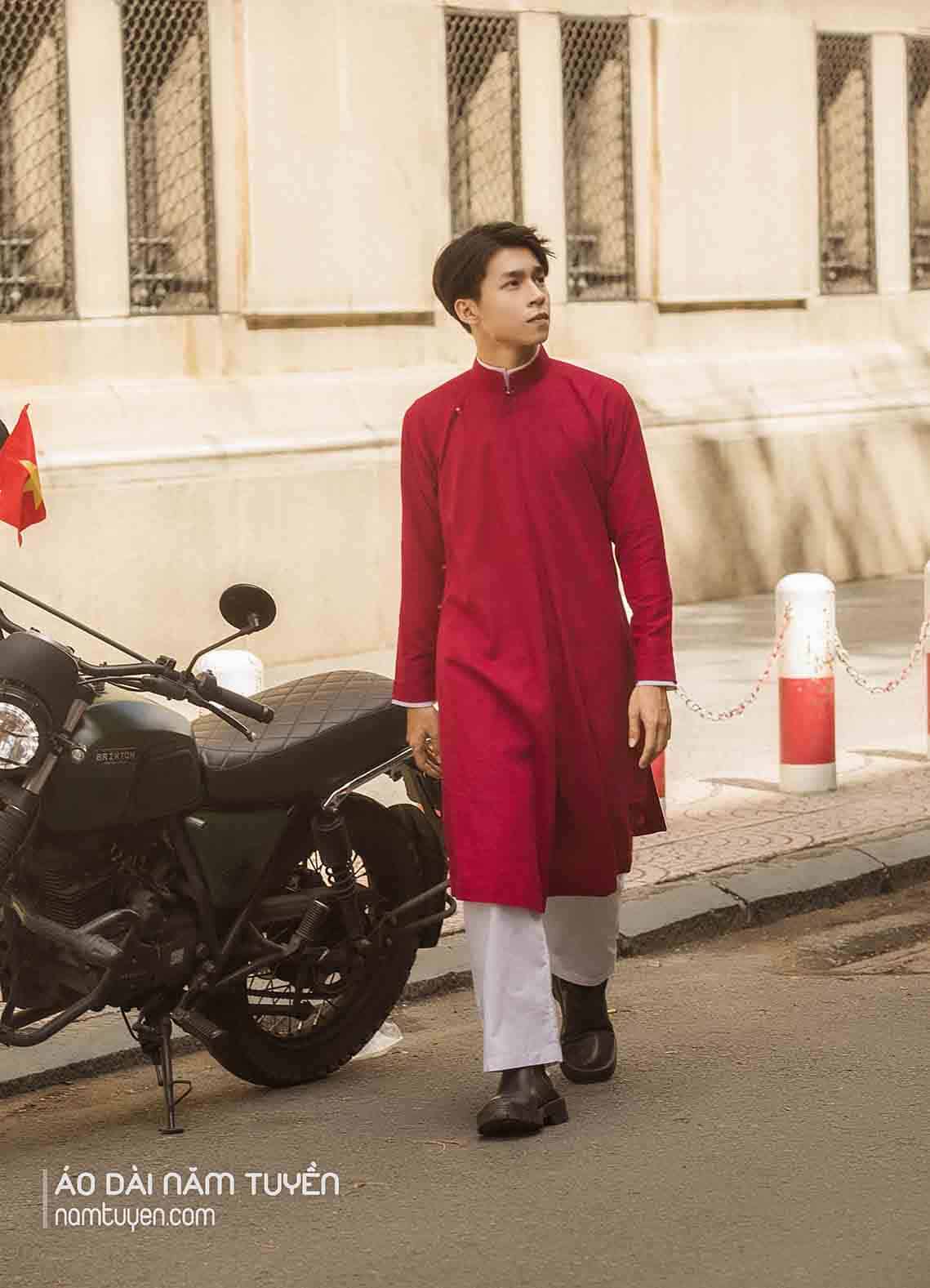 Áo dài nam linen đỏ ngũ thân tay chẽn truyền thống