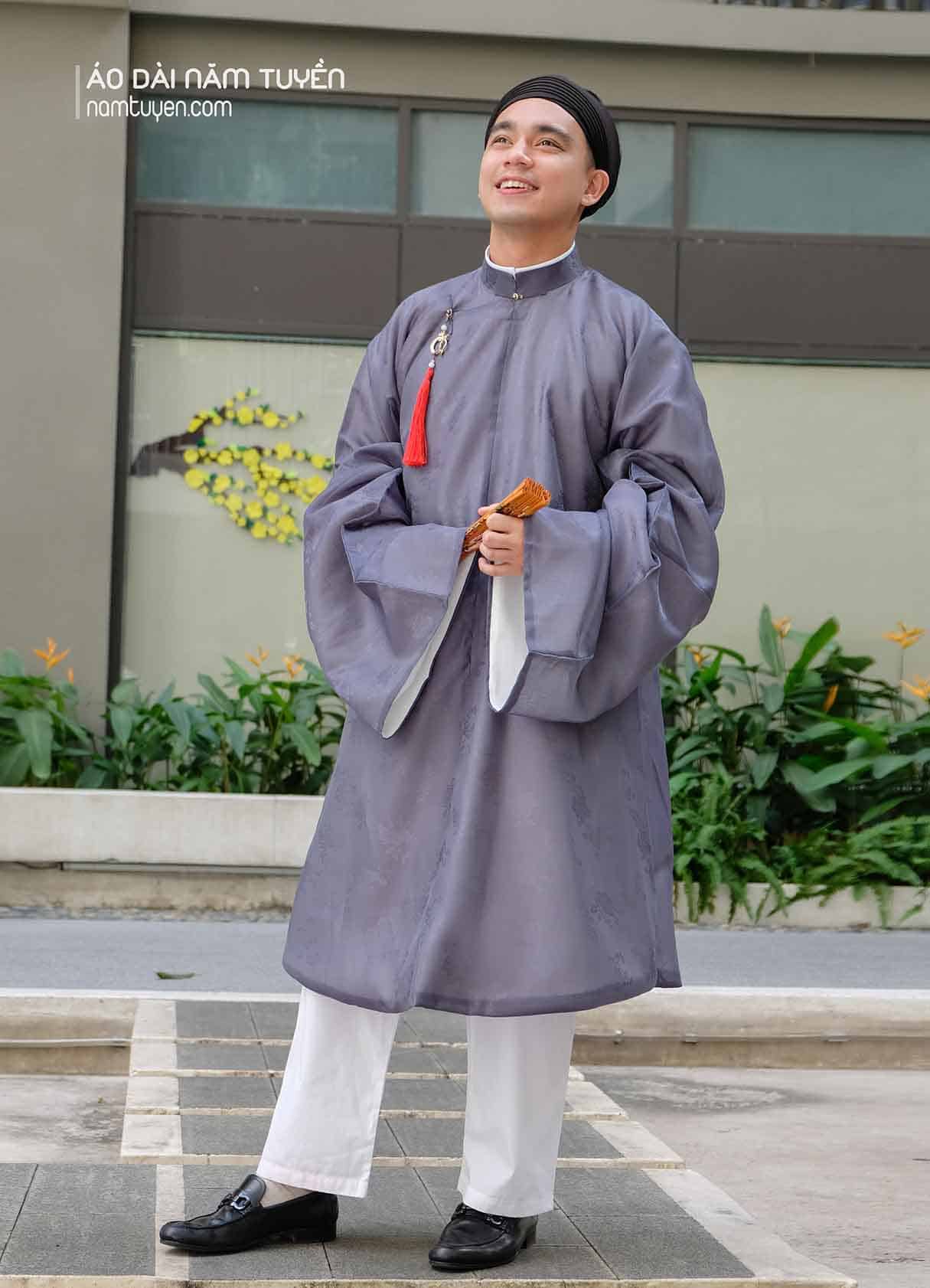 Áo dài nam tay thụng truyền thống vải Sa Hàn xám - Việt phục ngũ thân