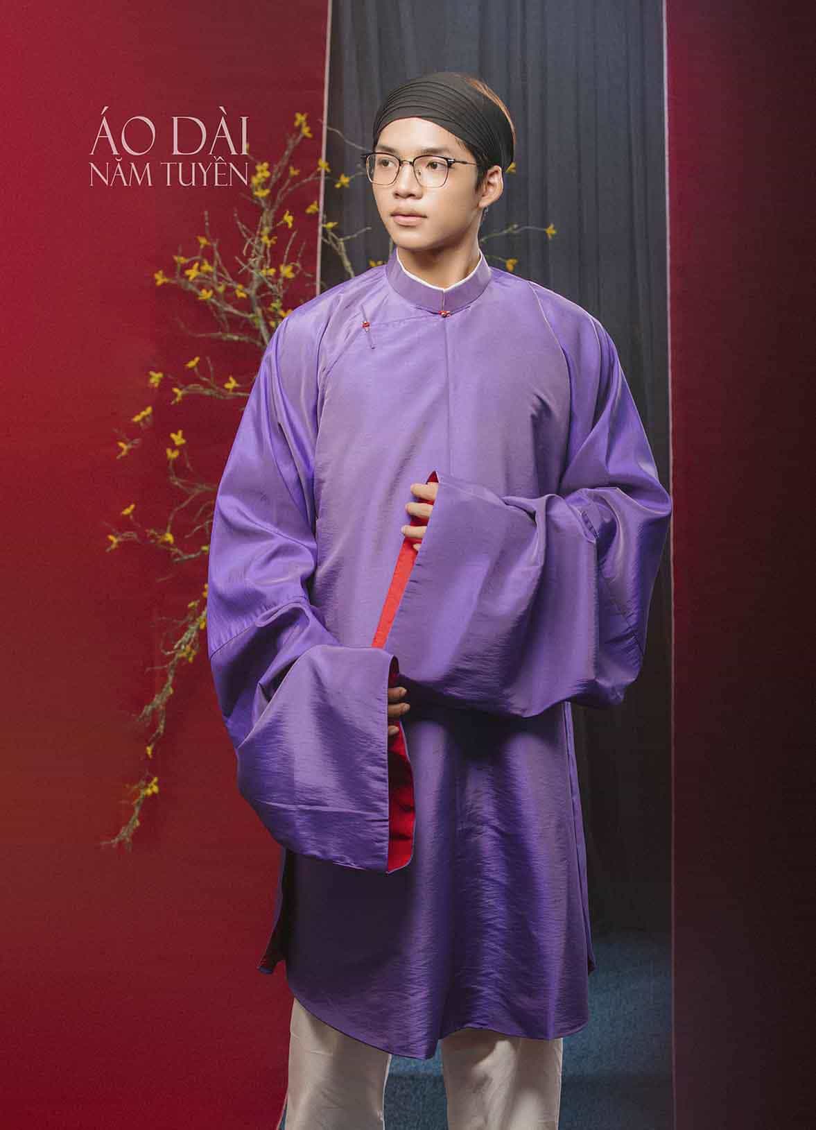 Áo dài tay thụng (áo tấc) nam tím than ngũ thân truyền thống