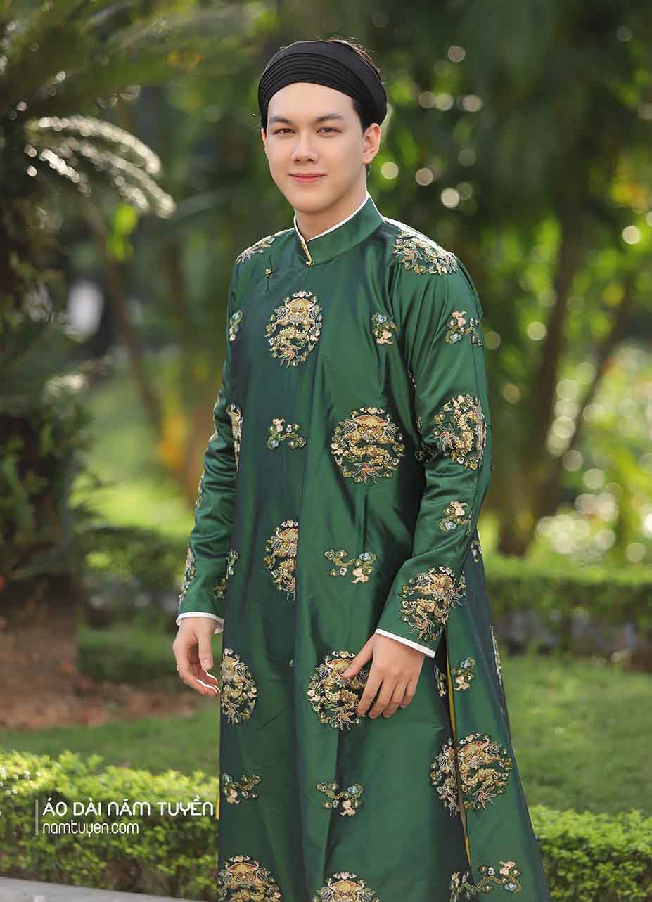 Áo Dài Nam truyền thống ngũ thân Thêu Ổ Rồng Xanh rêu