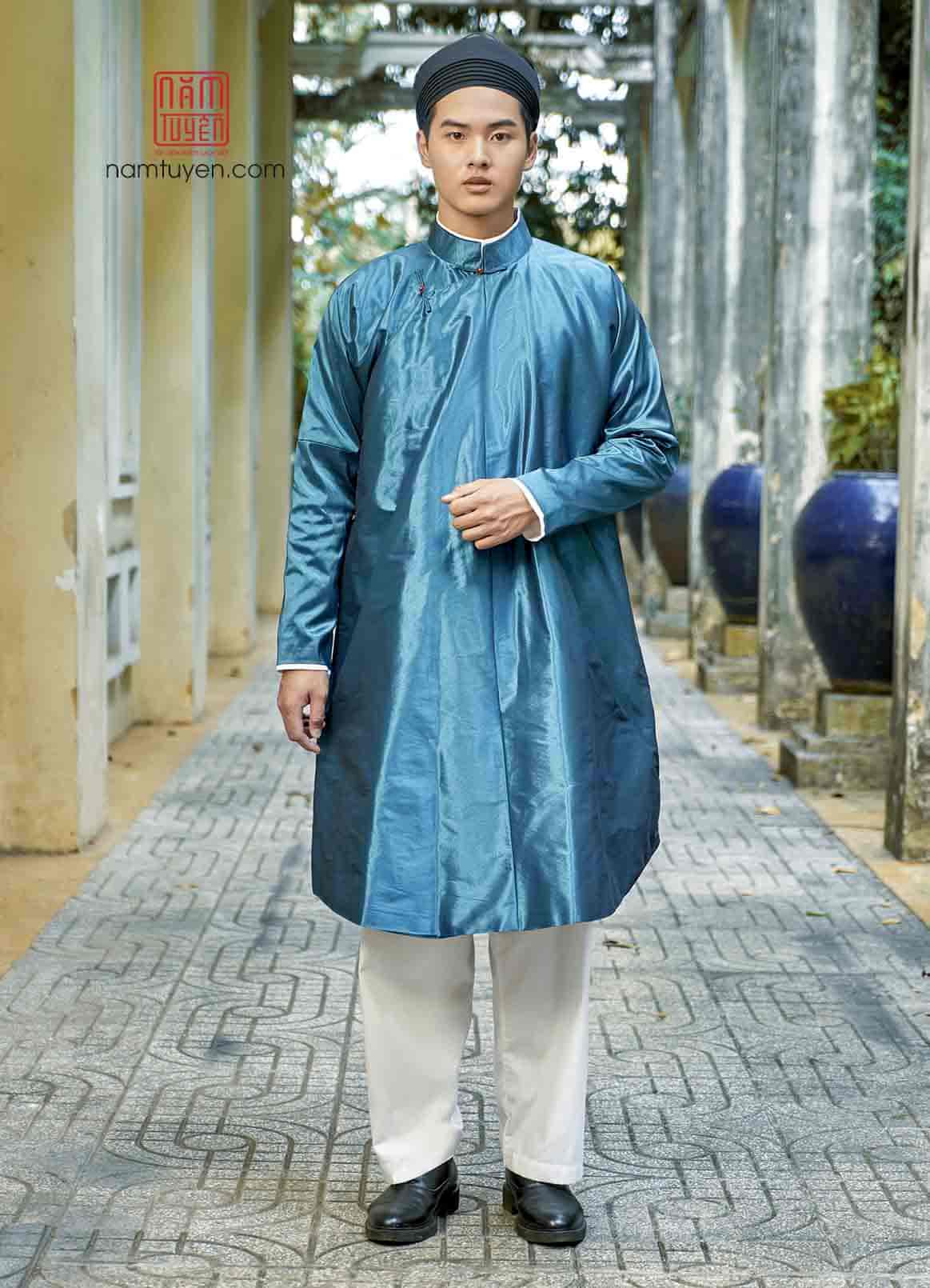 Áo dài cưới nam xanh Yamaha/lót hồng sen